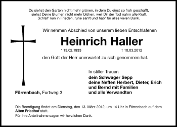 Traueranzeige von Heinrich Haller von Hersbrucker Zeitung